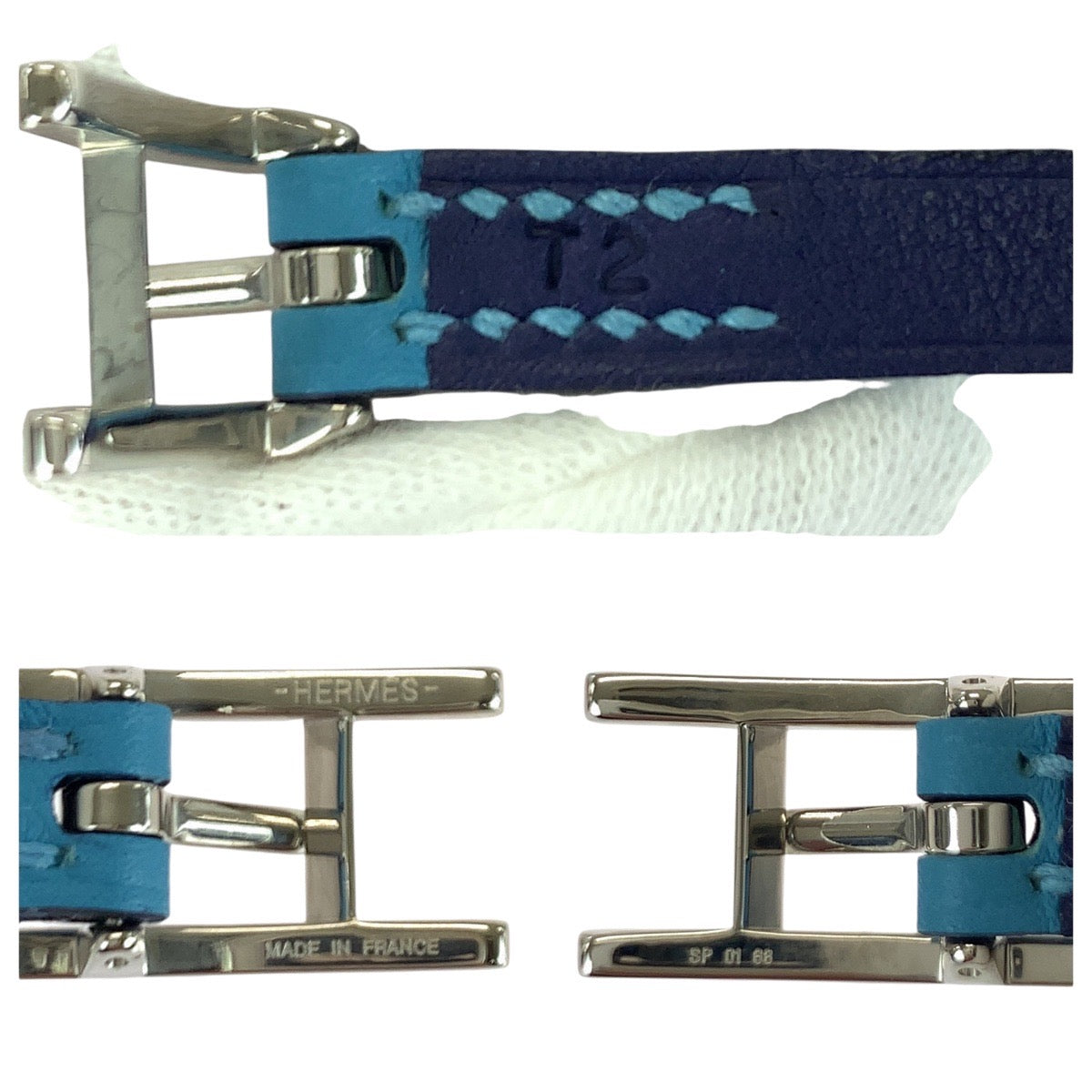 26295
HERMES エルメス ビー アピ ドゥブルトゥール ライトブルー ネイビー シルバー金具 ヴォースイフト / メタル ブレスレット 男女兼用 T2刻印 レディース SA32