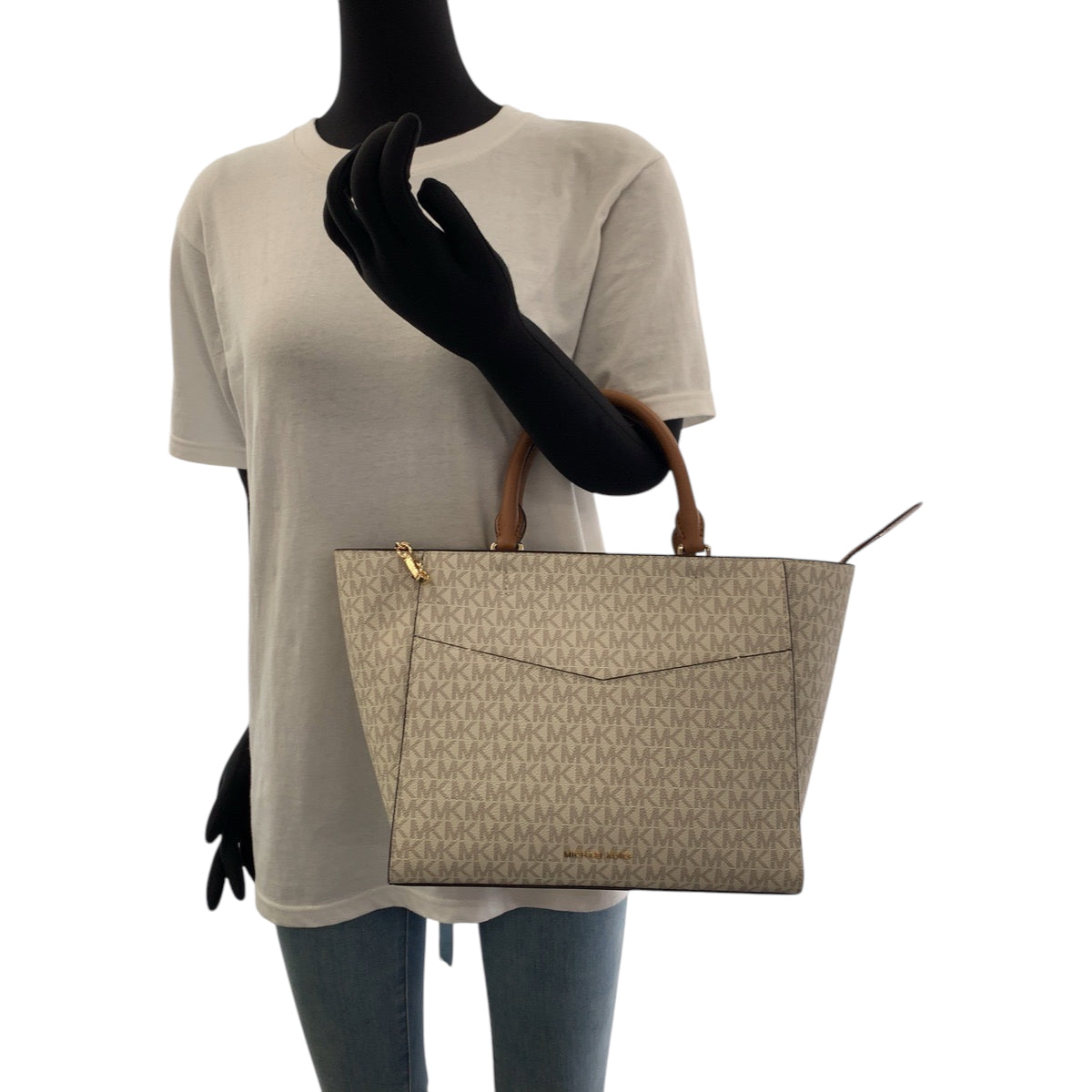 26492
Michael Kors マイケルコース サッチェル ミディアム アイボリー グレー ゴールド金具 PVC ショルダーバッグ ハンドバッグ 2way レディース SA18