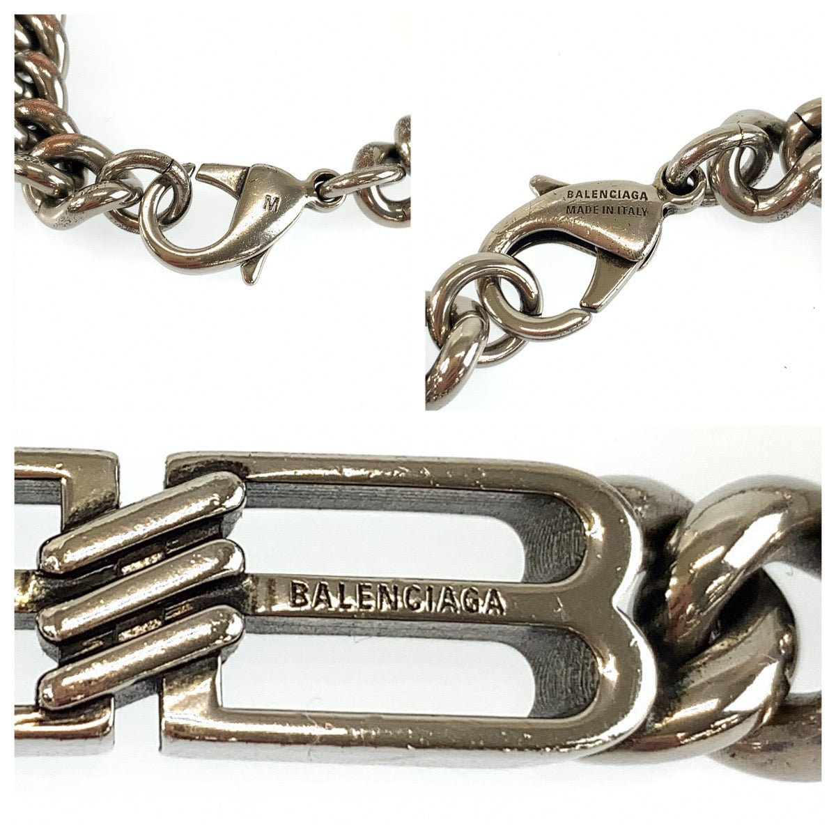 26494
BALENCIAGA バレンシアガ Bb Icon Gourmette サイズM シルバー 真鍮 ブレスレット メンズ A