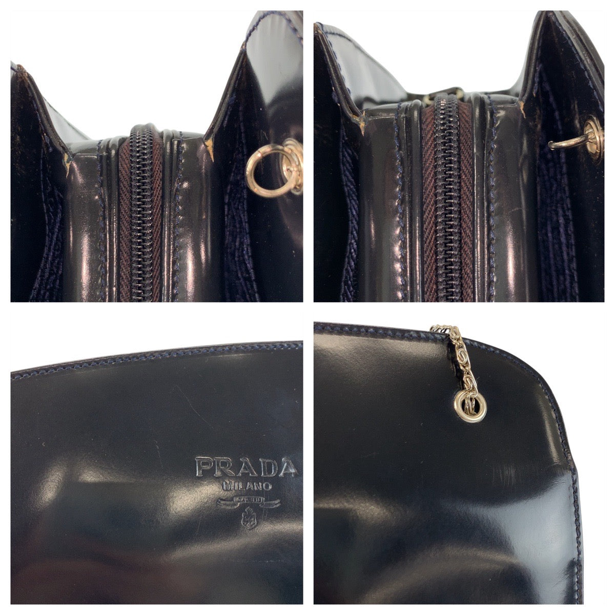 26507
PRADA プラダ ネイビー シルバー金具 パテントレザー チェーンショルダーバッグ レディース AB35