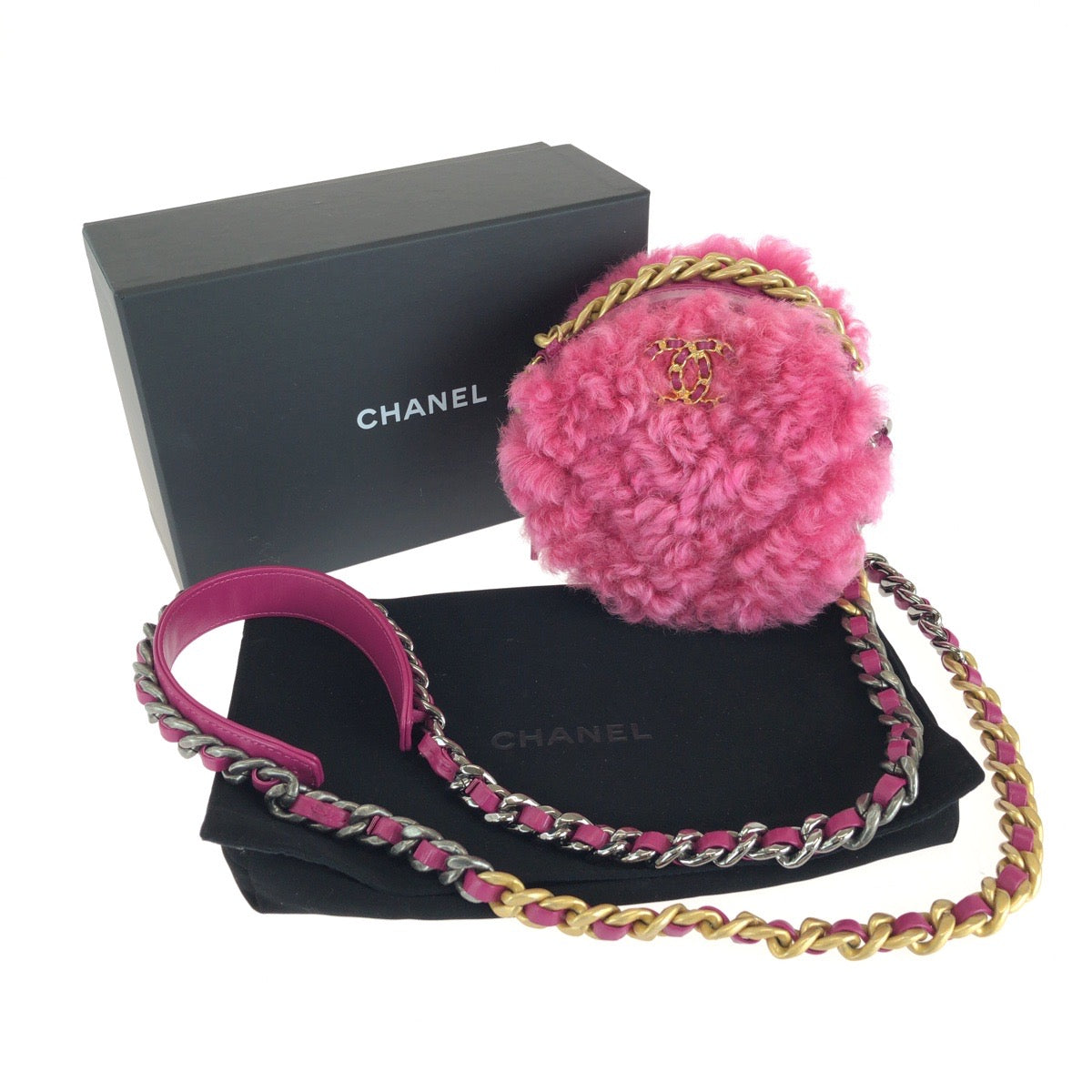 26515
CHANEL シャネル シャネル19 ラウンド クラッチ ウィズ チェーン ココマーク ピンク シープスキン / ラムスキン チェーンショルダーバッグ レディース ABP
