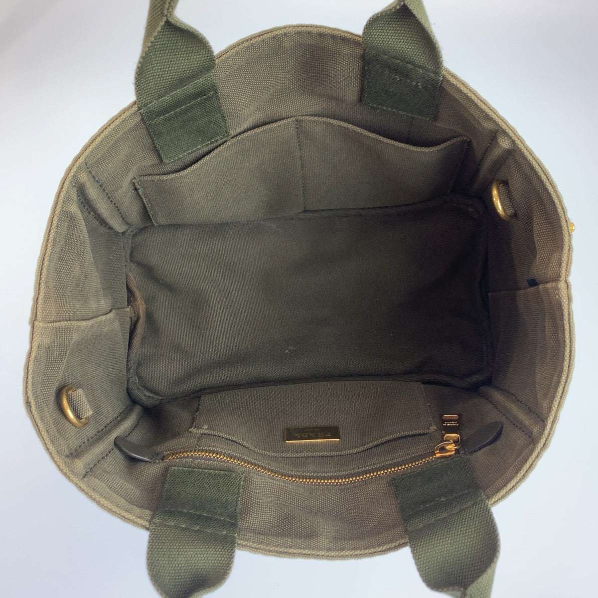 26545
PRADA プラダ カナパ 三角ロゴプレート カーキ ゴールド金具 キャンバス トートバッグ ハンドバッグ レディース AB42