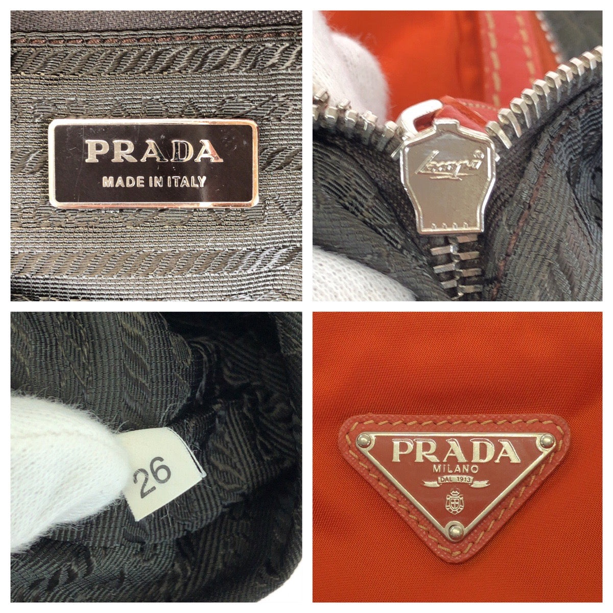 26558
PRADA プラダ テスート サフィアーノ 三角ロゴプレート オレンジ シルバー金具 ナイロン / レザー ボストンバッグ トラベルバッグ レディース AB42
