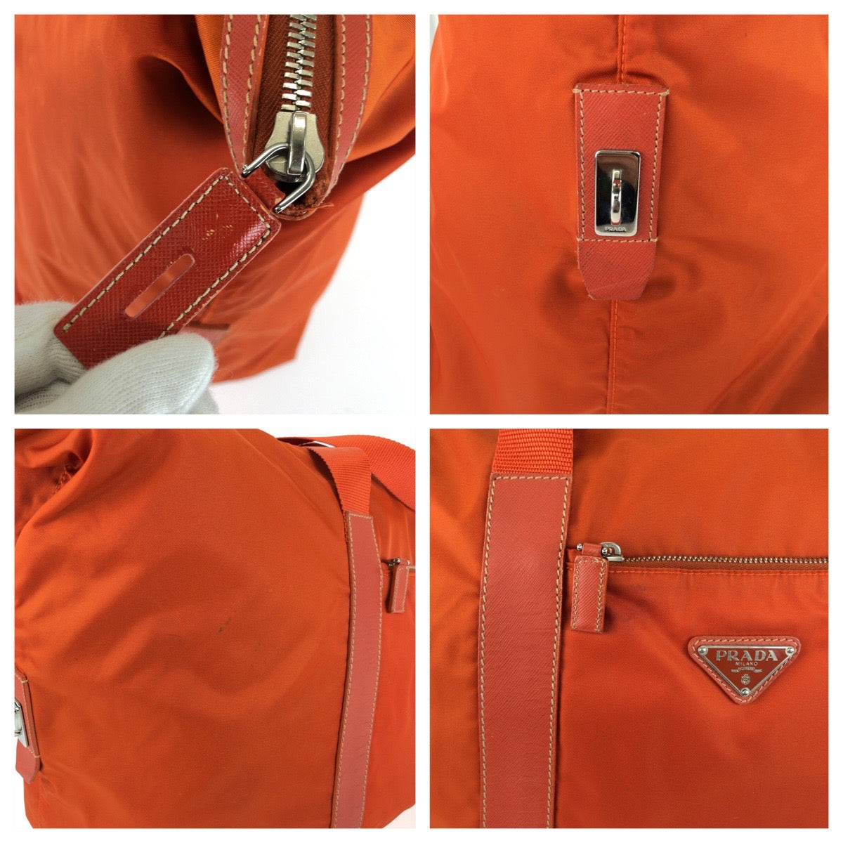 26558
PRADA プラダ テスート サフィアーノ 三角ロゴプレート オレンジ シルバー金具 ナイロン / レザー ボストンバッグ トラベルバッグ レディース AB42