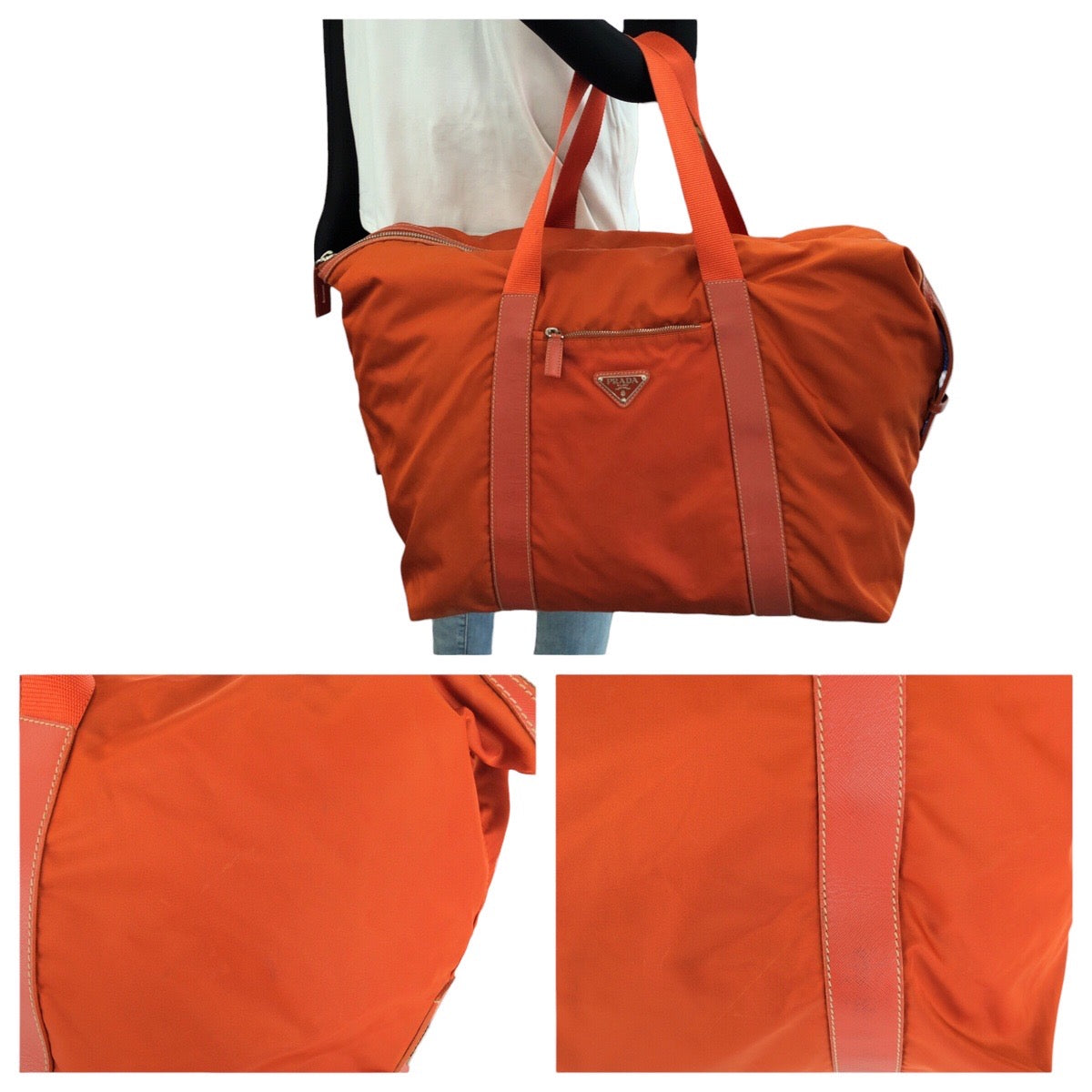 26558
PRADA プラダ テスート サフィアーノ 三角ロゴプレート オレンジ シルバー金具 ナイロン / レザー ボストンバッグ トラベルバッグ レディース AB42