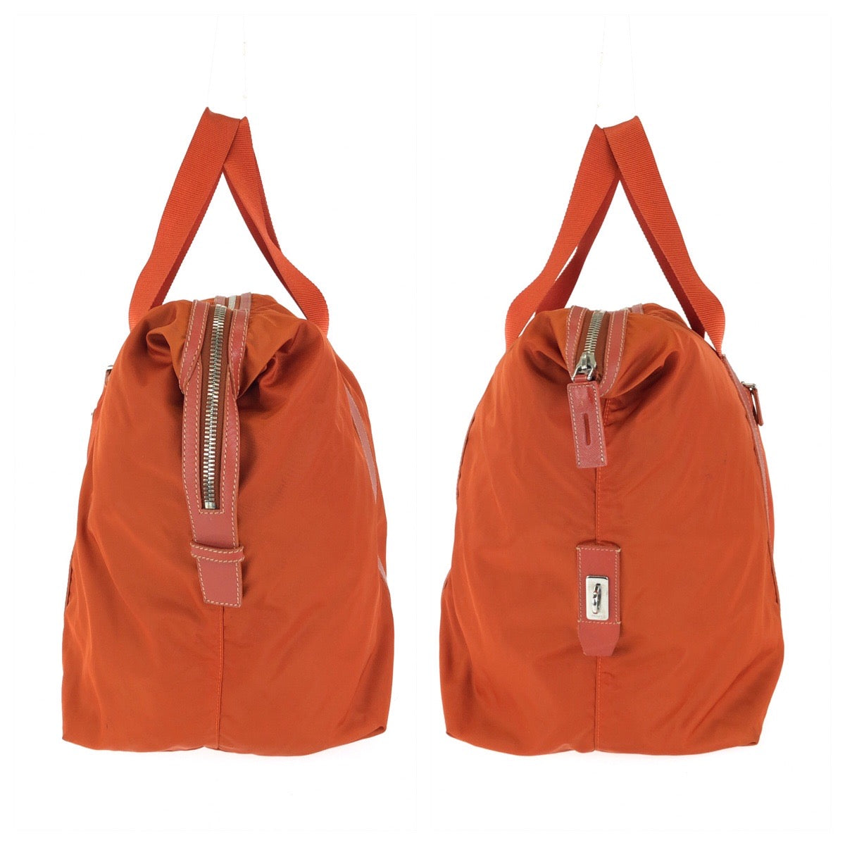 26558
PRADA プラダ テスート サフィアーノ 三角ロゴプレート オレンジ シルバー金具 ナイロン / レザー ボストンバッグ トラベルバッグ レディース AB42