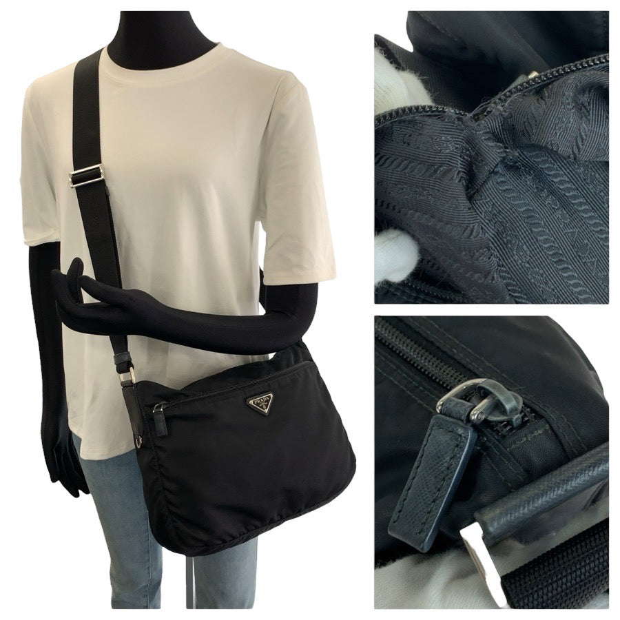 26560
PRADA プラダ テスート サフィアーノ 三角ロゴプレート ブラック 黒 シルバー金具 ナイロン / レザー ショルダーバッグ メッセンジャーバッグ レディース AB37