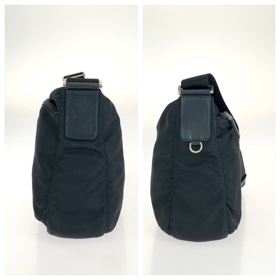26560
PRADA プラダ テスート サフィアーノ 三角ロゴプレート ブラック 黒 シルバー金具 ナイロン / レザー ショルダーバッグ メッセンジャーバッグ レディース AB37