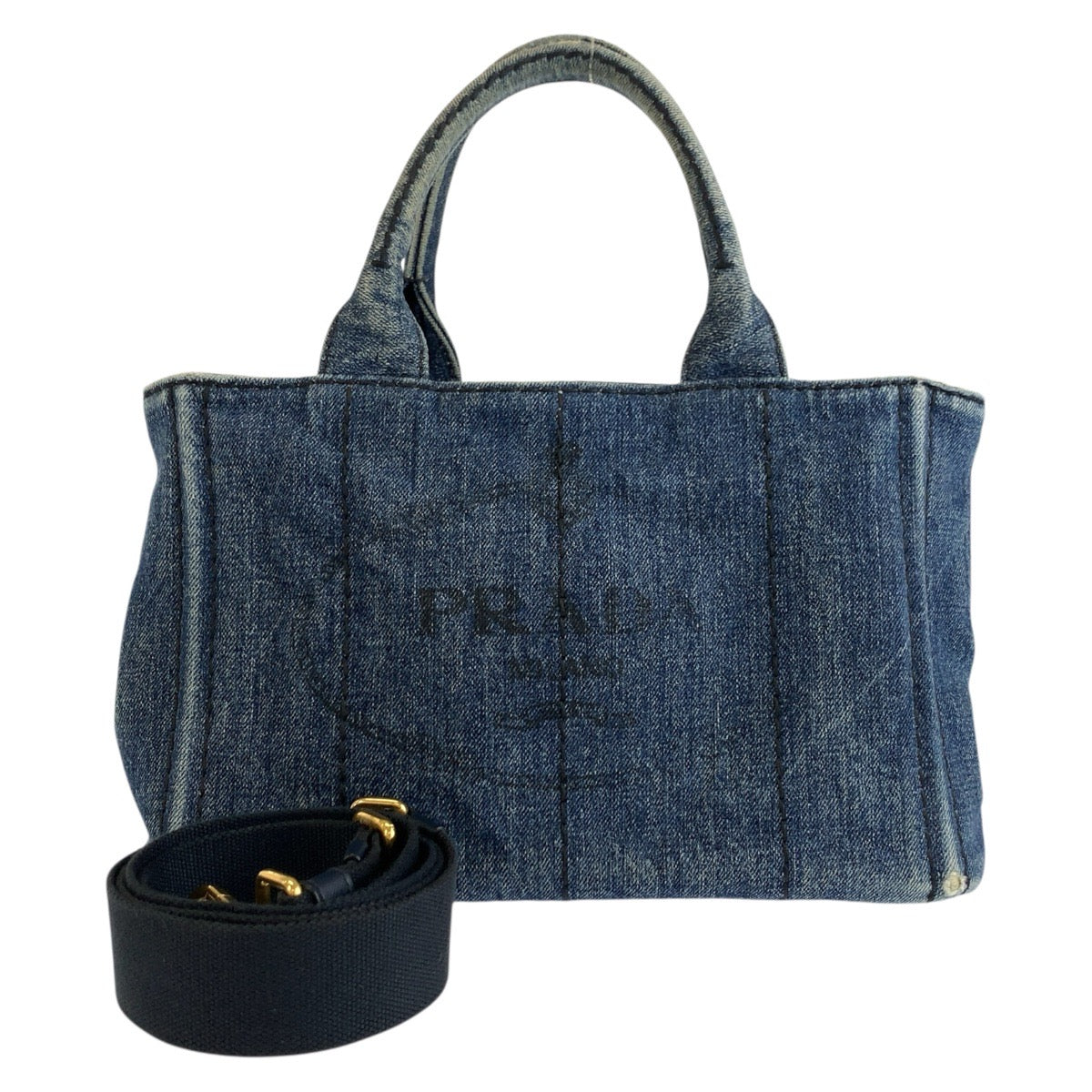 26566
PRADA プラダ カナパ 三角ロゴプレート ブルー ゴールド金具 デニム トートバッグ ショルダーバッグ 2way レディース AB30