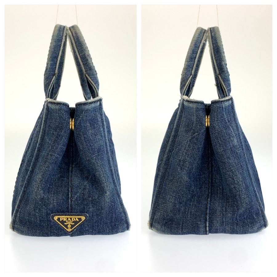 26566
PRADA プラダ カナパ 三角ロゴプレート ブルー ゴールド金具 デニム トートバッグ ショルダーバッグ 2way レディース AB30