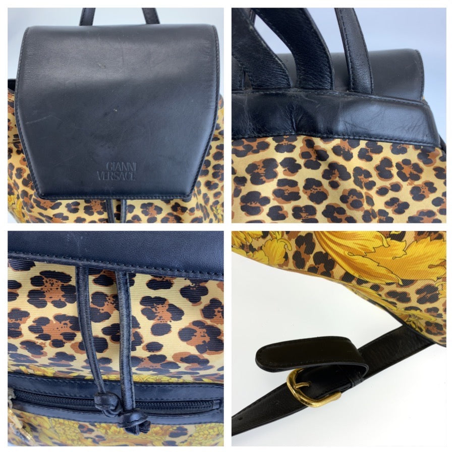 26587
VERSACE ヴェルサーチ レオパード柄 イエロー ブラック ゴールド金具 PVC / レザー リュックサック バックパック レディース AB29