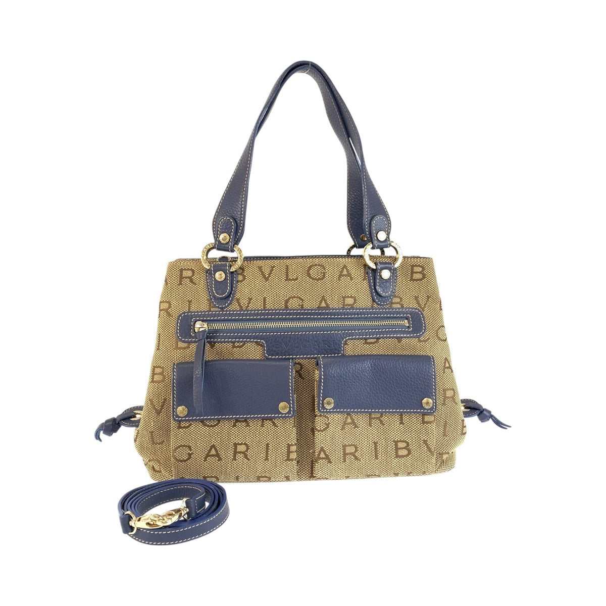 26624
BVLGARI ブルガリ ロゴマニア ベージュ ブルー ゴールド金具 キャンバス / レザー ハンドバッグ ショルダーバッグ 2WAY レディース AB32