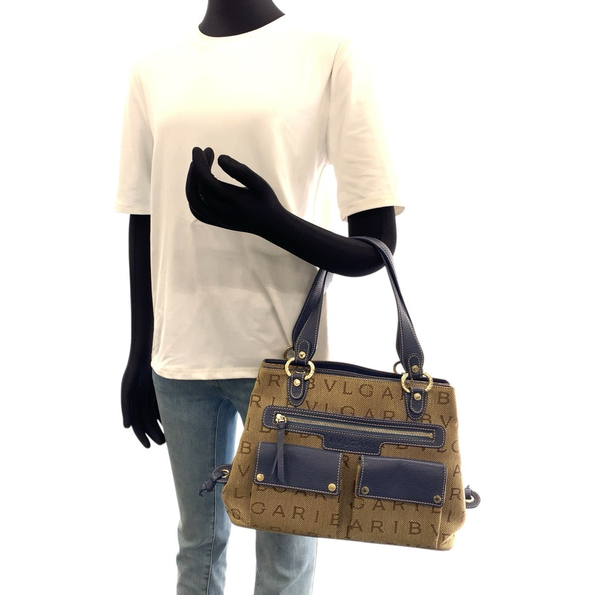 26624
BVLGARI ブルガリ ロゴマニア ベージュ ブルー ゴールド金具 キャンバス / レザー ハンドバッグ ショルダーバッグ 2WAY レディース AB32