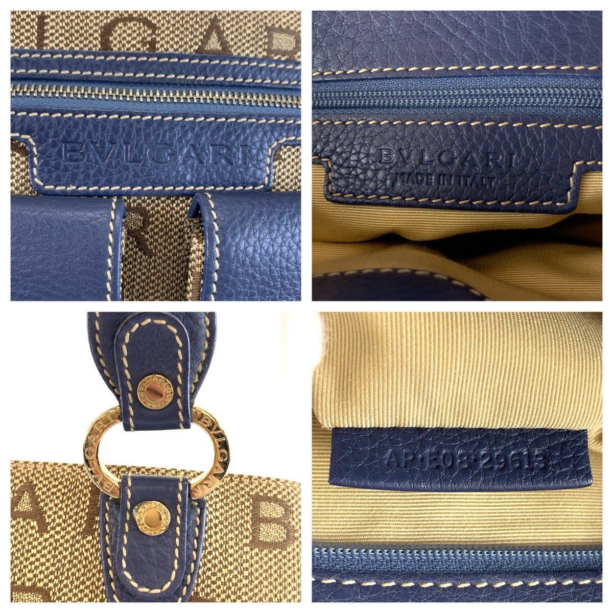 26624
BVLGARI ブルガリ ロゴマニア ベージュ ブルー ゴールド金具 キャンバス / レザー ハンドバッグ ショルダーバッグ 2WAY レディース AB32