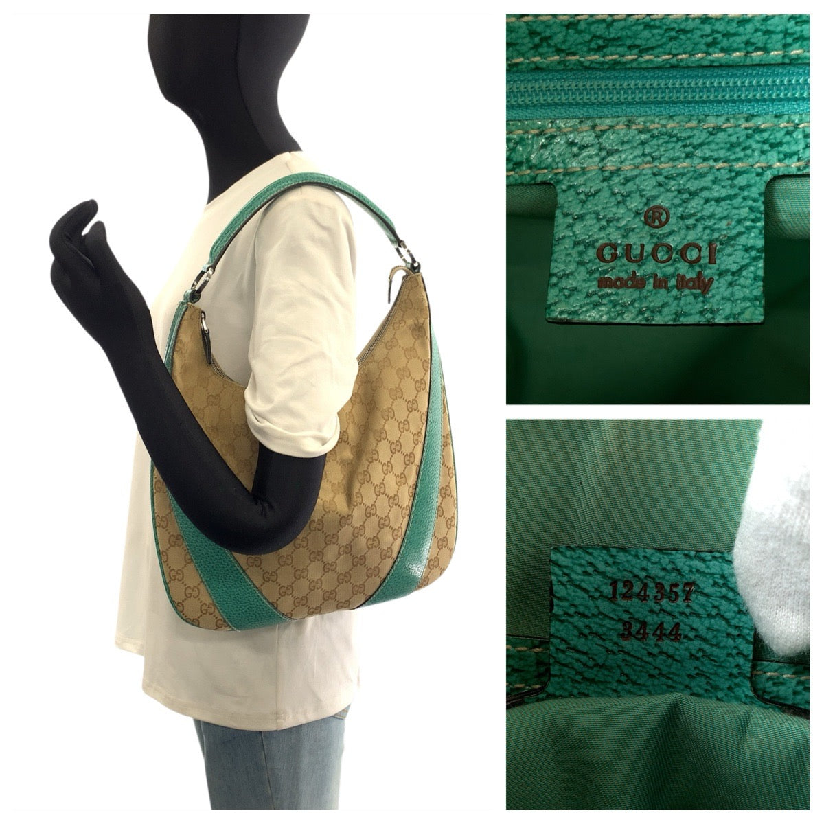 26641
GUCCI グッチ ワンショルダー ホーボー ベージュ グリーン シルバー金具 GGキャンバス / レザー 124357 ショルダーバッグ レディース ABP38