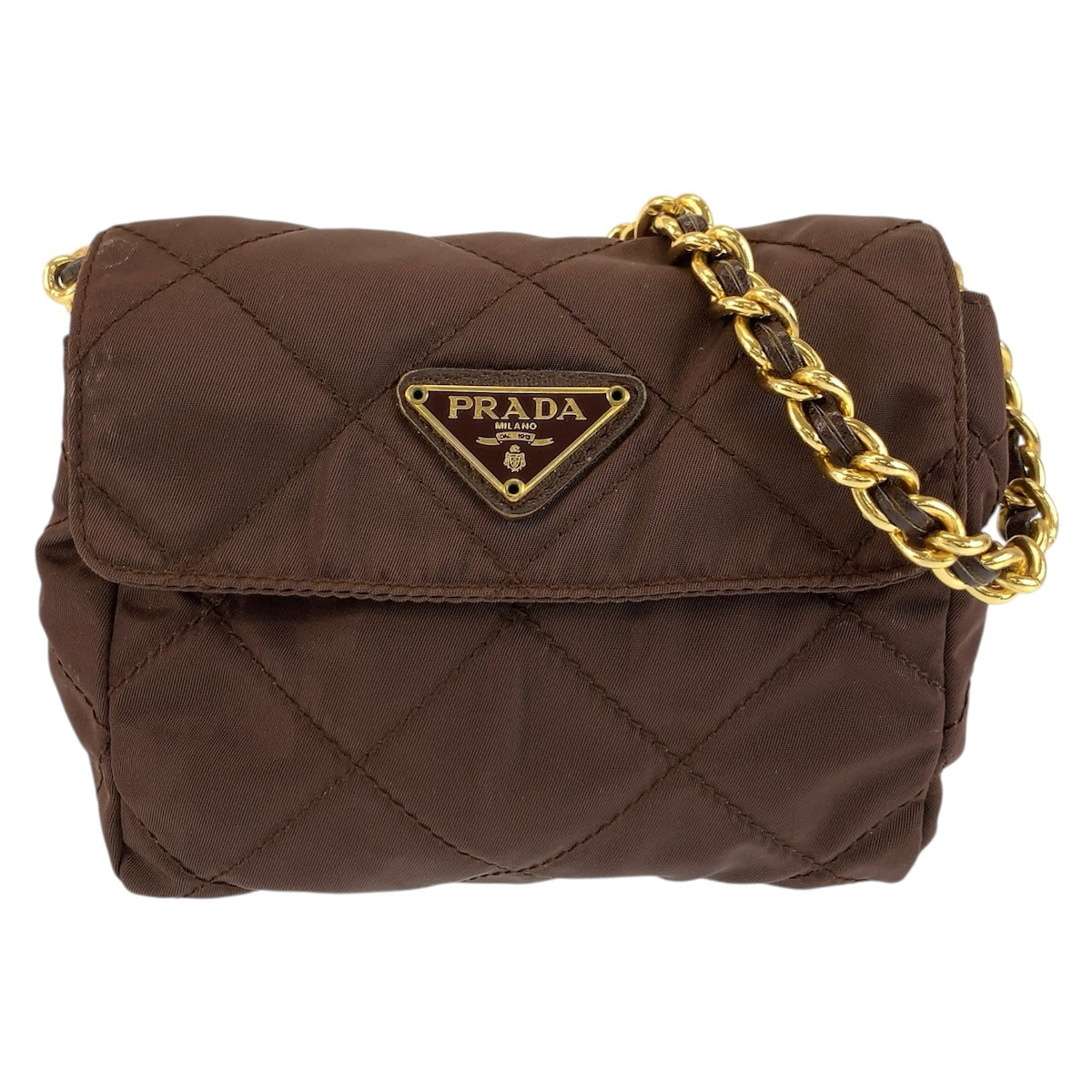 26668
PRADA プラダ 三角ロゴプレート ブラウン ゴールド金具 ナイロン チェーンショルダーバッグ ポシェット レディース ABP35