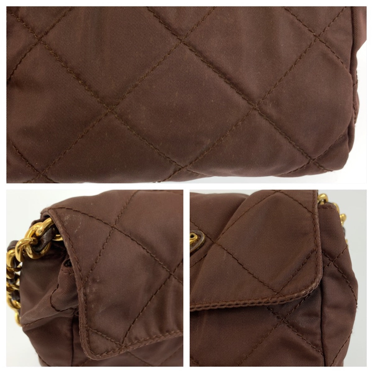 26668
PRADA プラダ 三角ロゴプレート ブラウン ゴールド金具 ナイロン チェーンショルダーバッグ ポシェット レディース ABP35