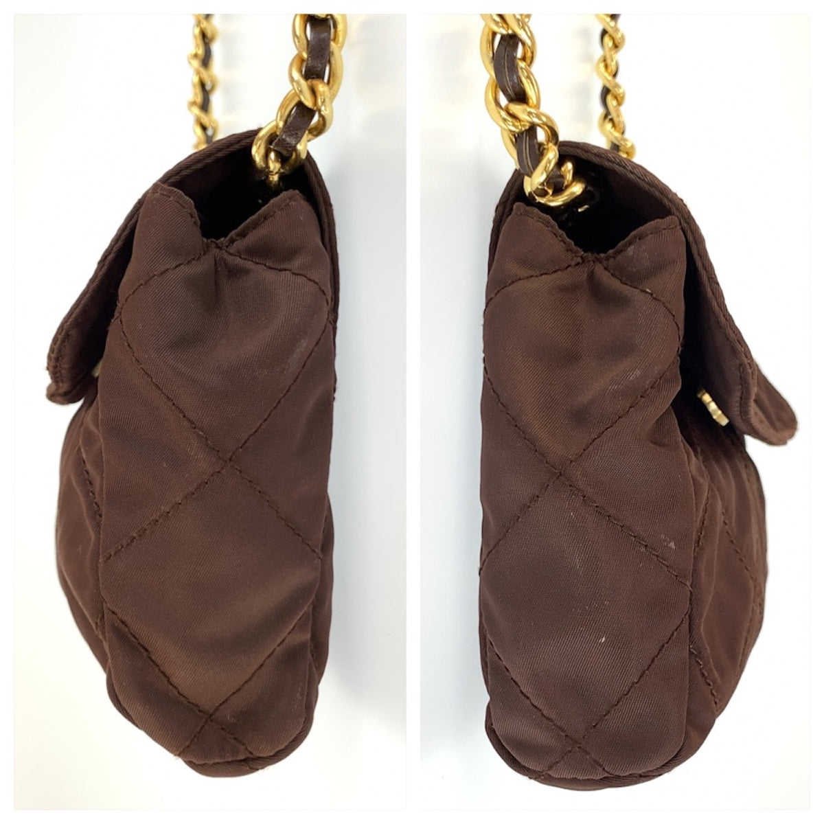 26668
PRADA プラダ 三角ロゴプレート ブラウン ゴールド金具 ナイロン チェーンショルダーバッグ ポシェット レディース ABP35