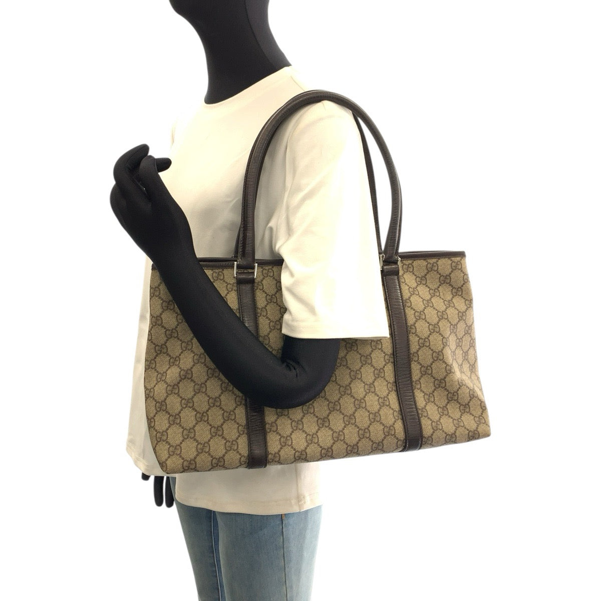 26671
GUCCI グッチ ベージュ ブラウン シルバー金具 GGスプリームキャンバス / レザー 114595 トートバッグ ショルダーバッグ レディース AB35
