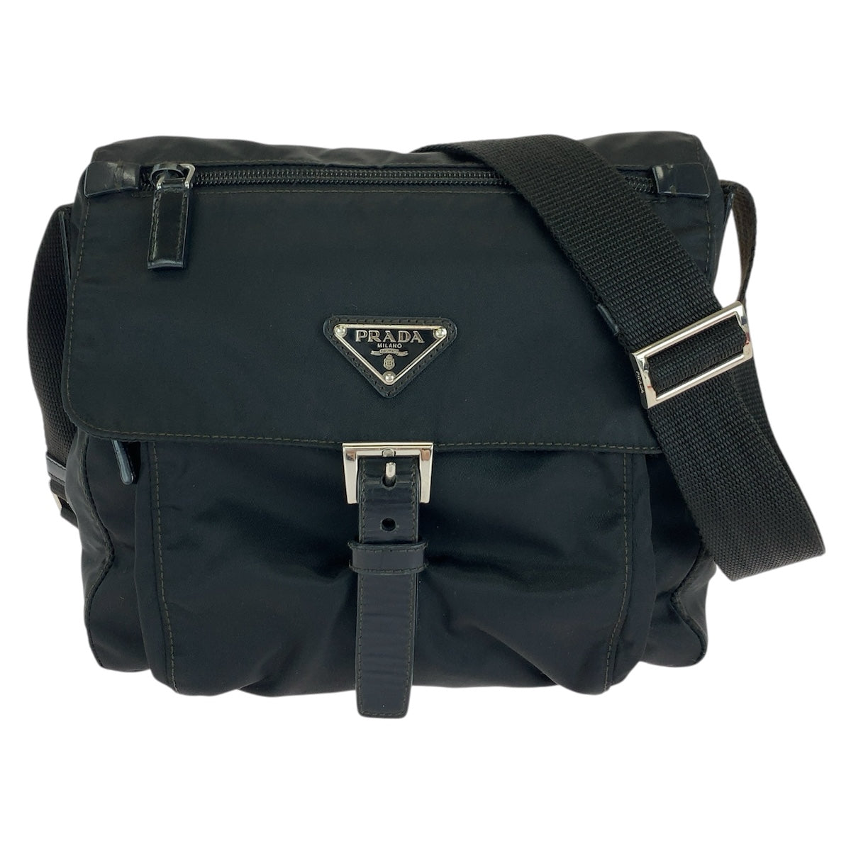 26674
PRADA プラダ テスート 三角ロゴプレート ブラック 黒 シルバー金具 ナイロン / レザー ショルダーバッグ メッセンジャーバッグ レディース ABP37