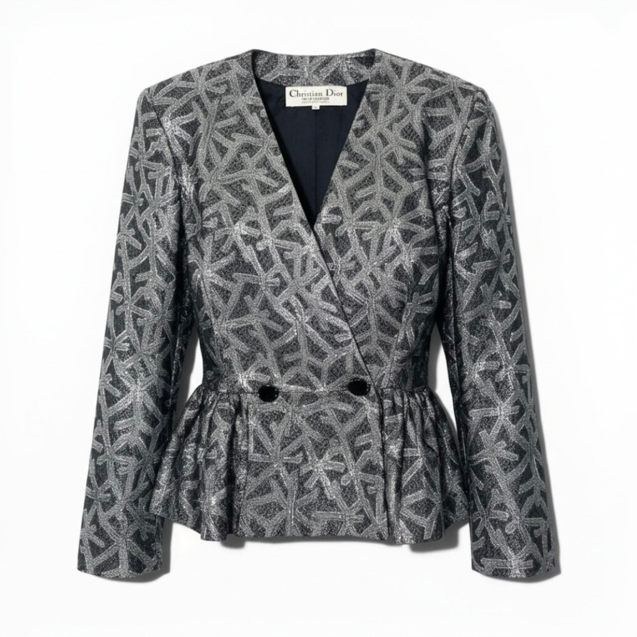 Christian Dior Vintage Silver Silk Jacket Peplum All-Over Print Outerwear Women's AB
