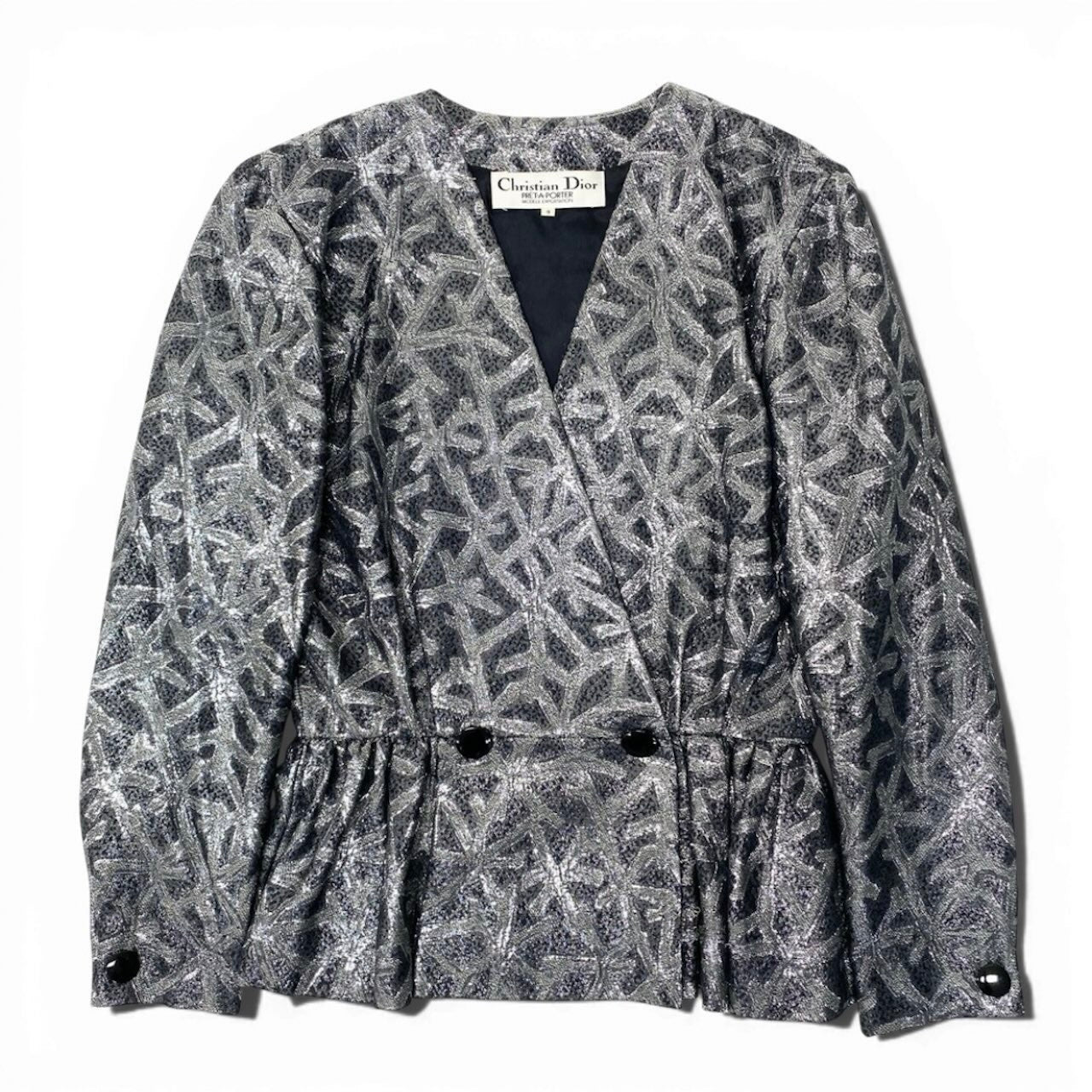Christian Dior Vintage Silver Silk Jacket Peplum All-Over Print Outerwear Women's AB