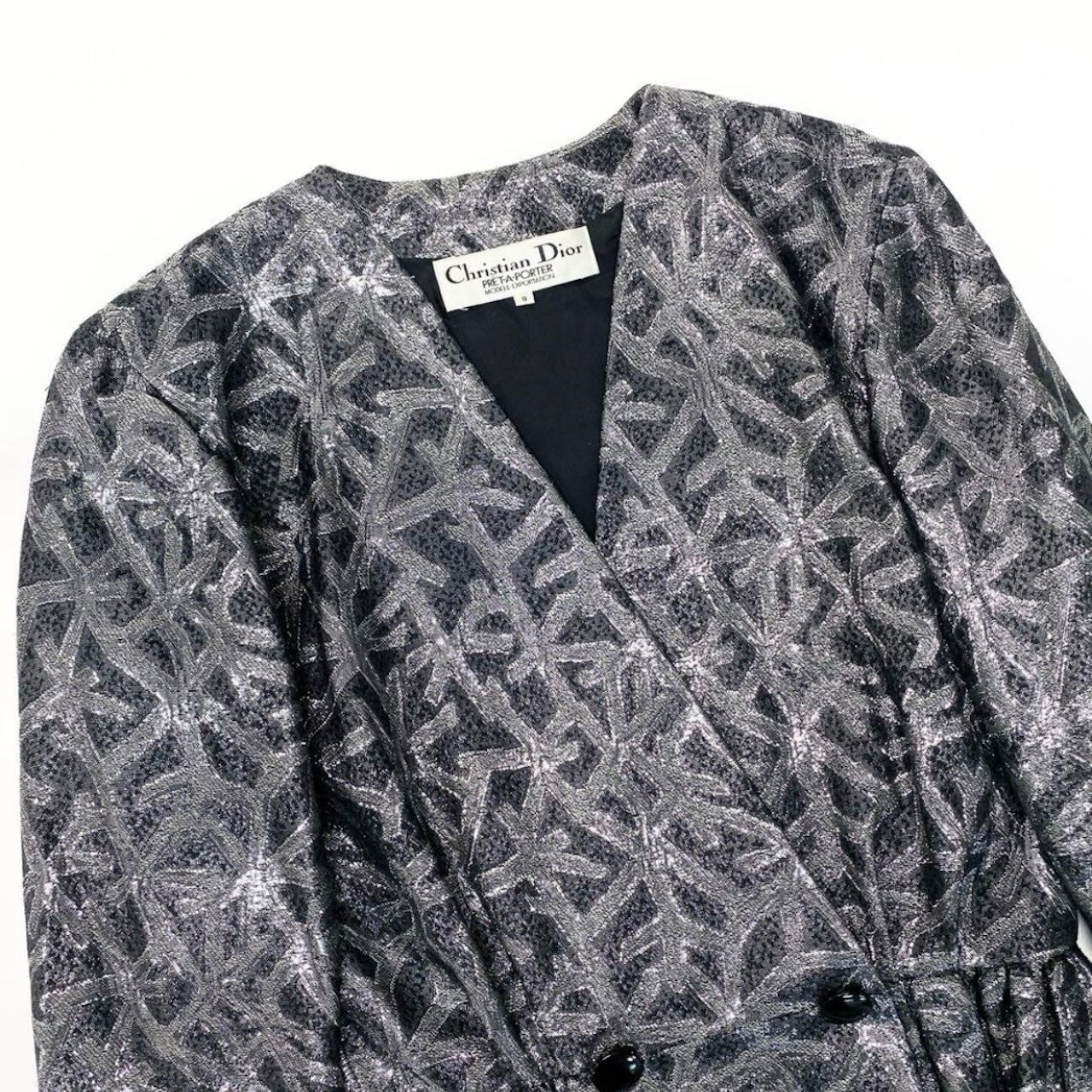 Christian Dior Vintage Silver Silk Jacket Peplum All-Over Print Outerwear Women's AB