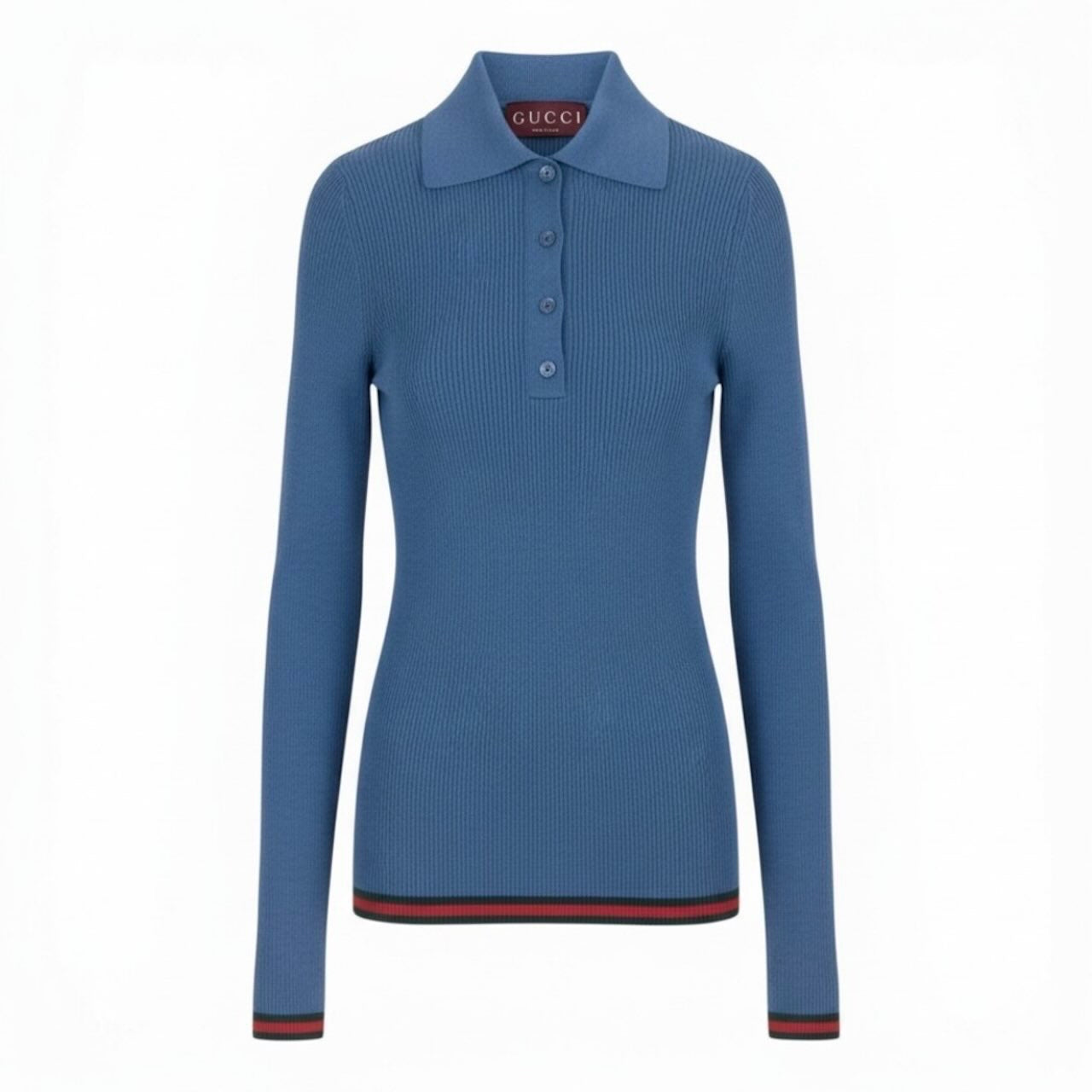 GUCCI グッチ 2026 シェリーライン ブルー カシミヤ / シルク ニットポロシャツ レディース S