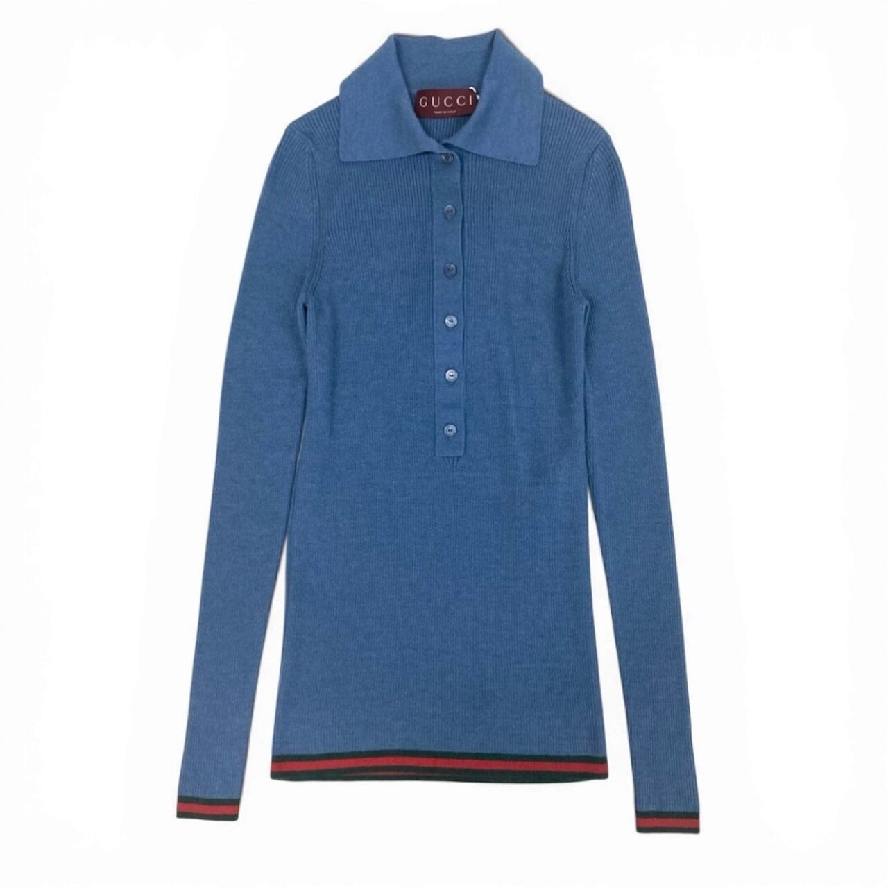 GUCCI グッチ 2026 シェリーライン ブルー カシミヤ / シルク ニットポロシャツ レディース S