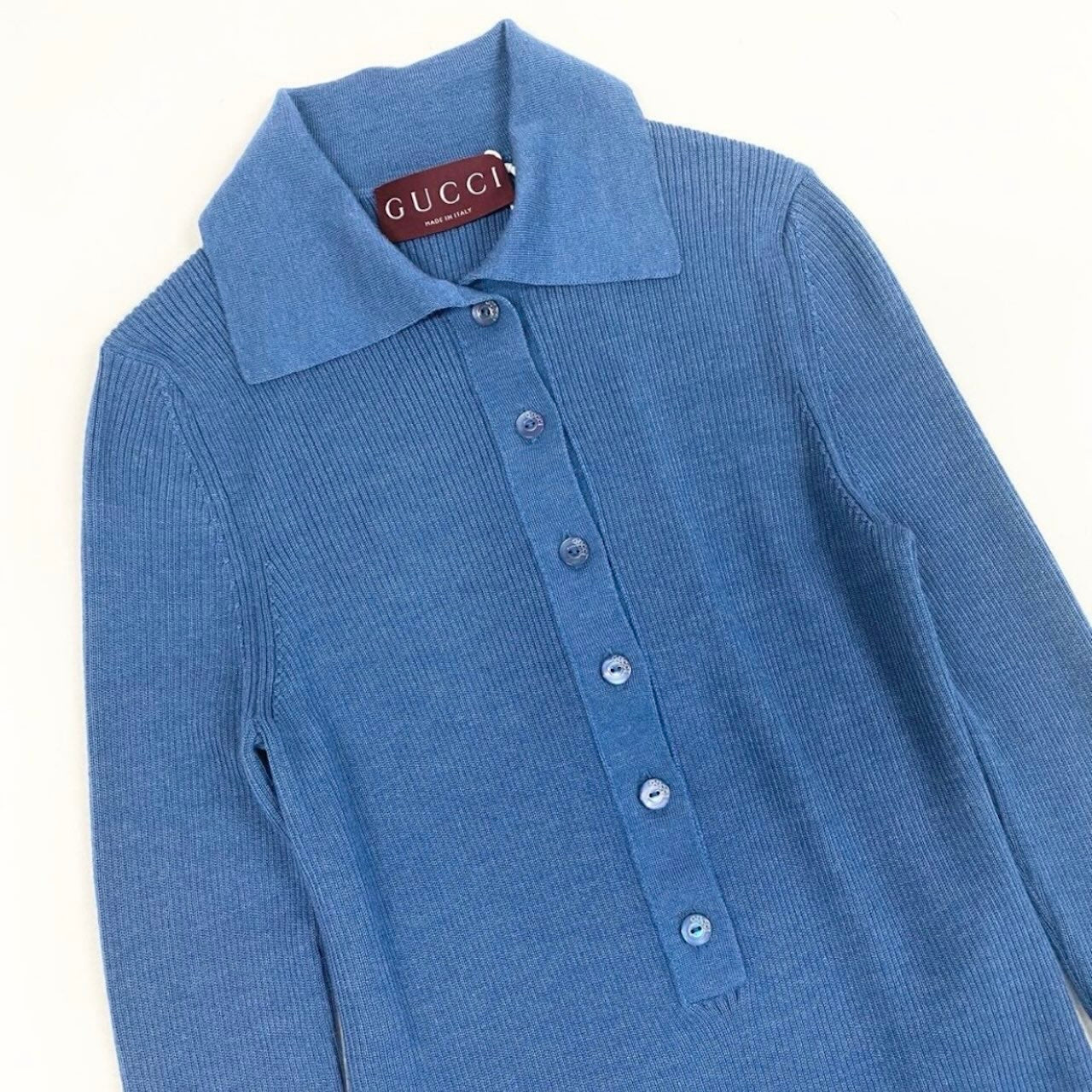 GUCCI グッチ 2026 シェリーライン ブルー カシミヤ / シルク ニットポロシャツ レディース S