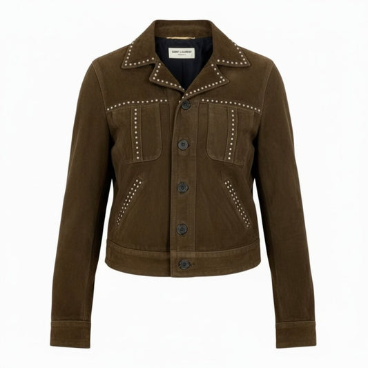 SAINT LAURENT PARIS サンローランパリ スタッズ ブラウン 山羊 / シルク ウエスタンジャケット レディース AB