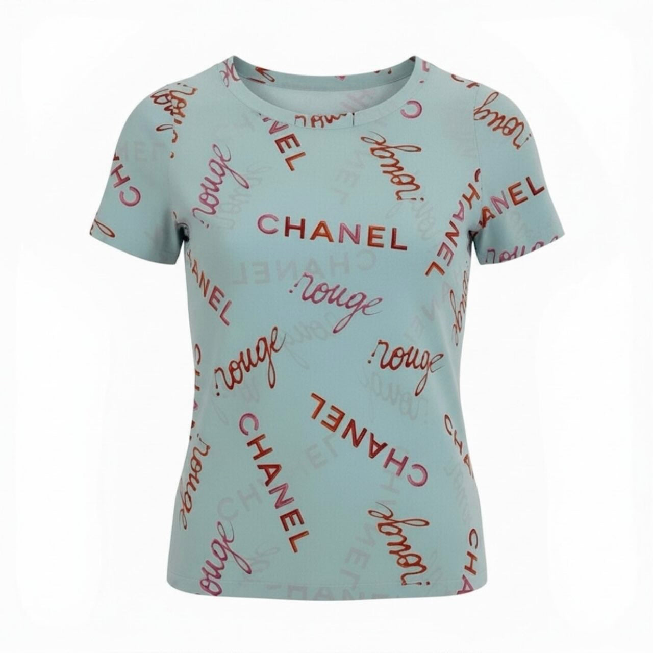 CHANEL シャネル ヴィンテージ 1996年 96P ロゴプリント ブルー シルク P29135 半袖Ｔシャツ レディース ABP