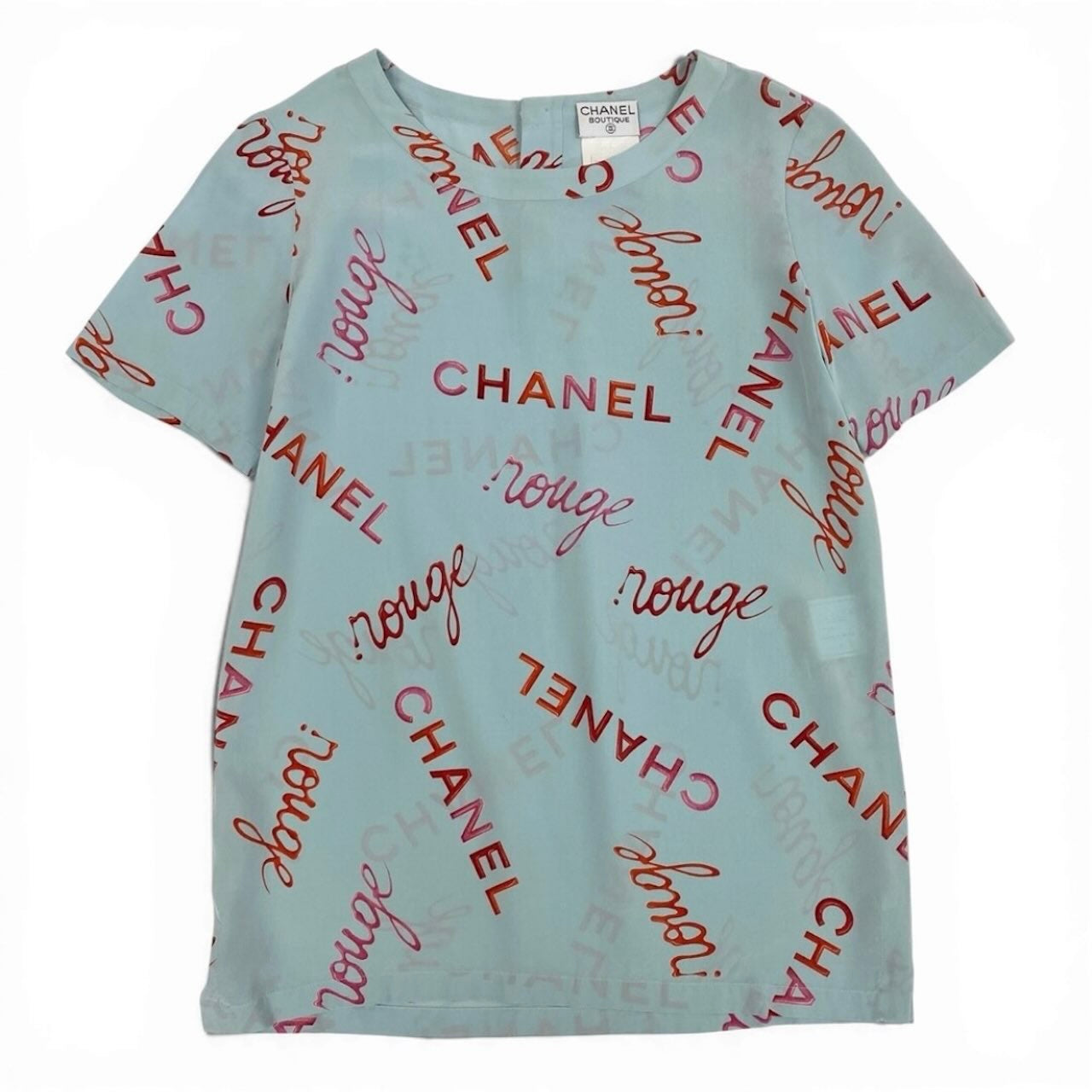 CHANEL シャネル ヴィンテージ 1996年 96P ロゴプリント ブルー シルク P29135 半袖Ｔシャツ レディース ABP