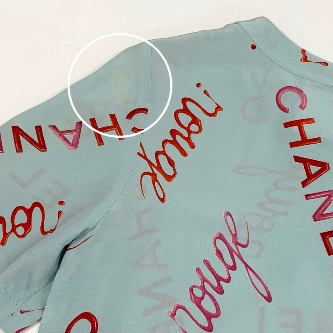 CHANEL シャネル ヴィンテージ 1996年 96P ロゴプリント ブルー シルク P29135 半袖Ｔシャツ レディース ABP