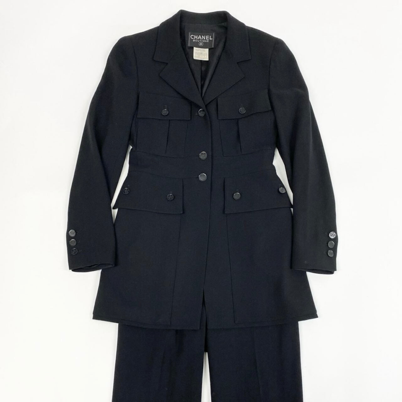 CHANEL シャネル ヴィンテージ 1991年 スタイルアップ ジャケット パンツ ブラック ウール / ライクラ P09856 セットアップ レディース AB