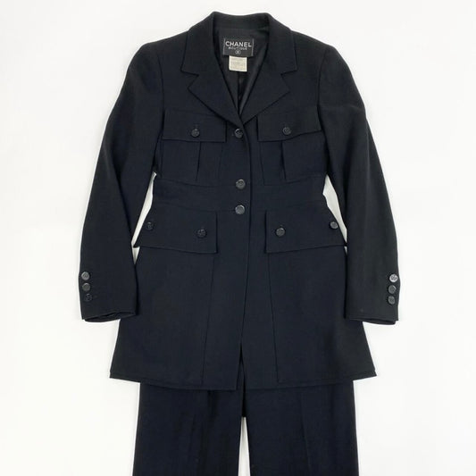 CHANEL シャネル ヴィンテージ 1991年 スタイルアップ ジャケット パンツ ブラック ウール / ライクラ P09856 セットアップ レディース AB