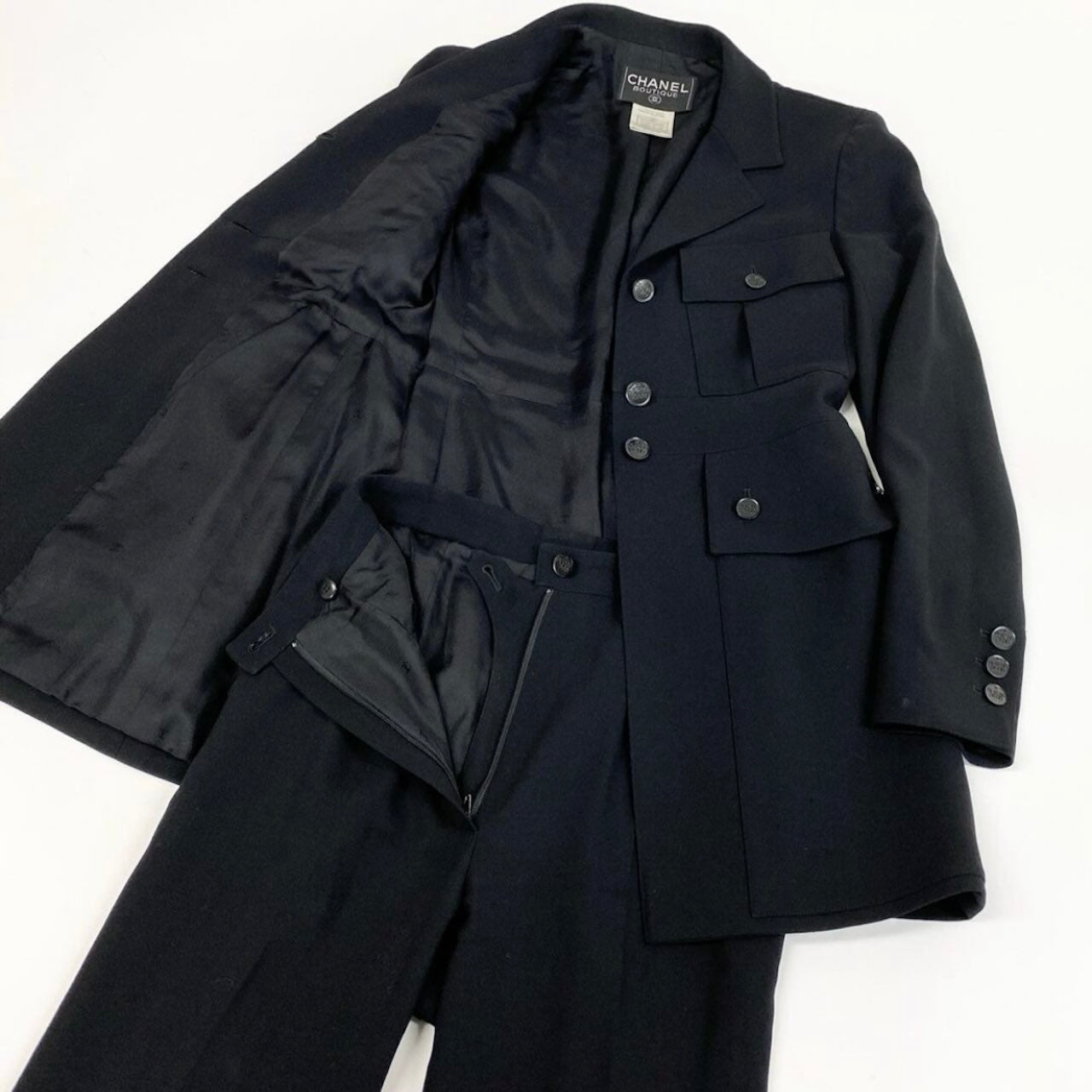 CHANEL シャネル ヴィンテージ 1991年 スタイルアップ ジャケット パンツ ブラック ウール / ライクラ P09856 セットアップ レディース AB