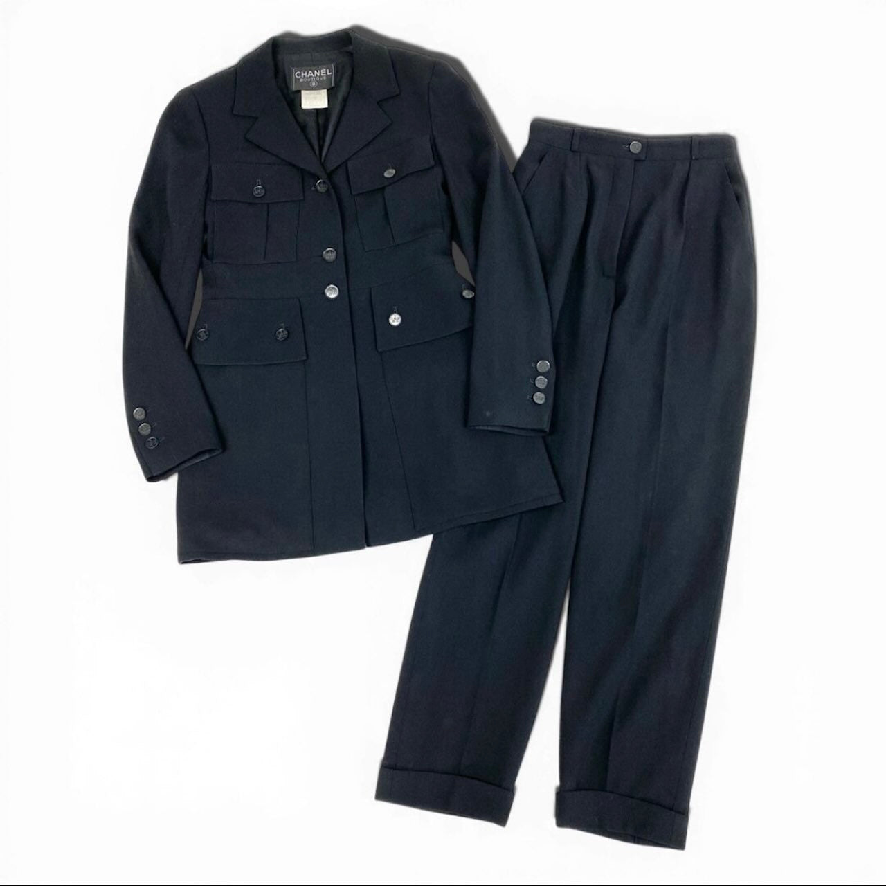 CHANEL シャネル ヴィンテージ 1991年 スタイルアップ ジャケット パンツ ブラック ウール / ライクラ P09856 セットアップ レディース AB