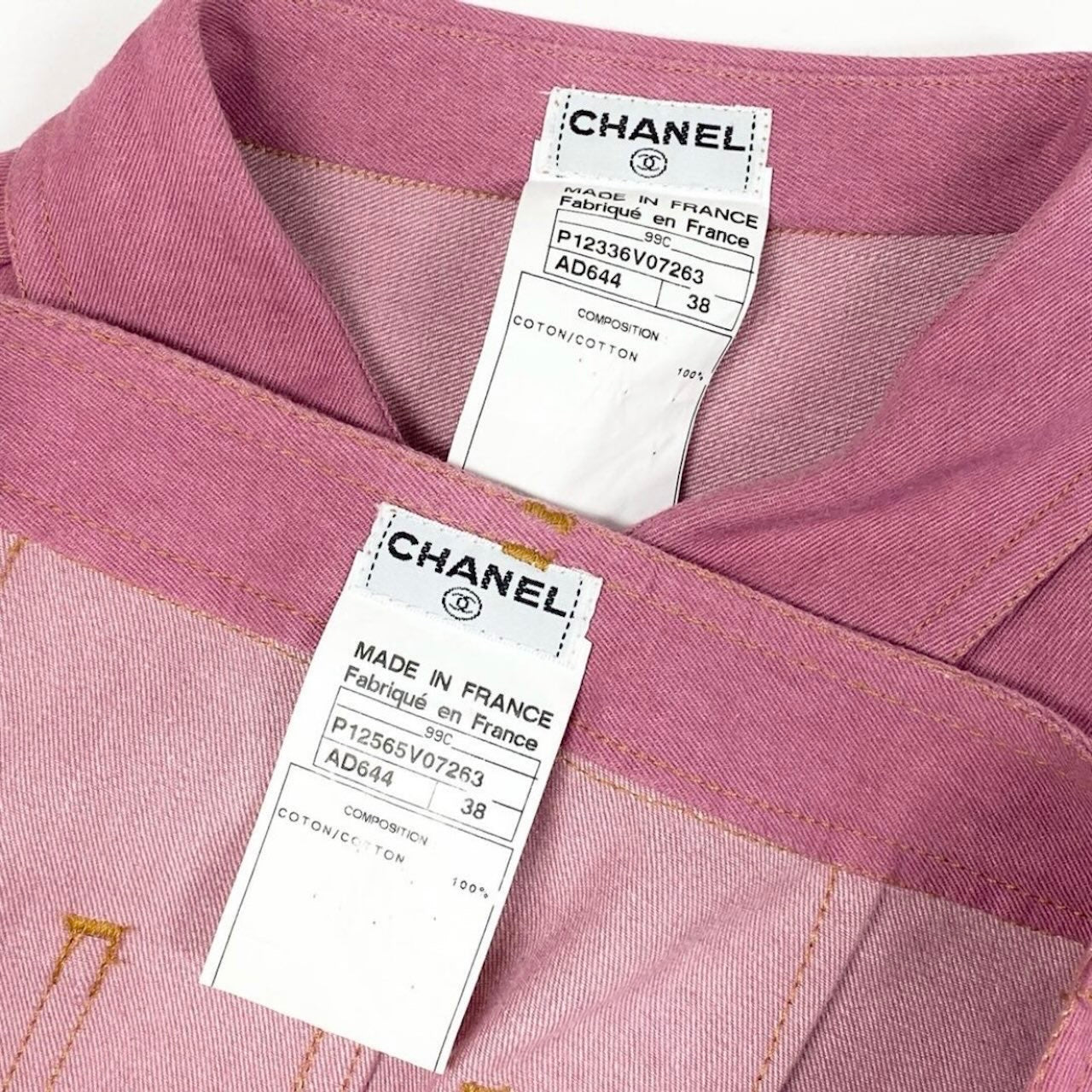 CHANEL シャネル ヴィンテージ 1999年 Cruise ランウェイ ココマークボタン デニムシャツ デニムスカート ピンク コットン P12336 セットアップ レディース ABP