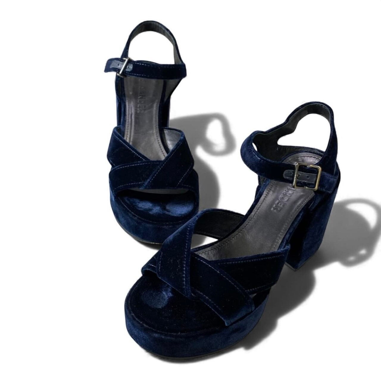 JIL SANDER ジルサンダー ベロア ベルベットサンダル チャンキーヒール ネイビー ベロア サンダル レディース ABP