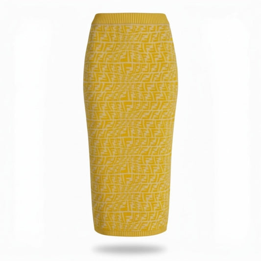 FENDI フェンディ 2021 ズッカ柄 ニットスカート FF Logo Pencil Skirt イエロー レーヨン / ポリエステル スカート レディース ABP