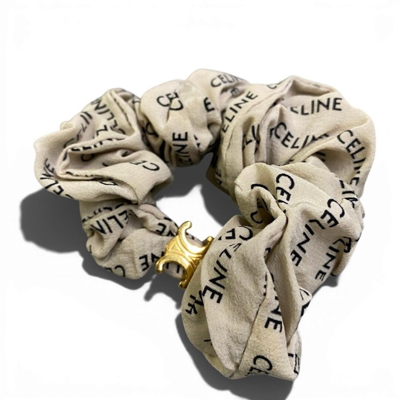 CELINE セリーヌ トリオンフ シュシュ グリーン ゴールド金具 シルク ヘアアクセサリー レディース ABP