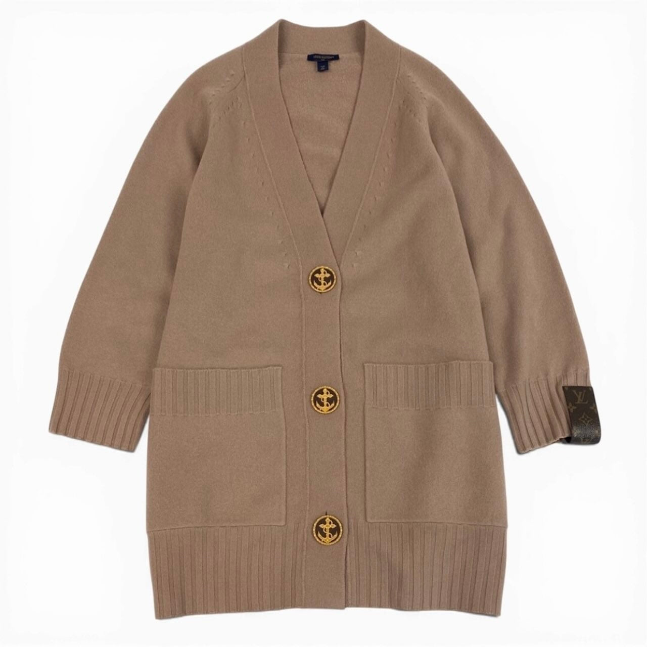 LOUIS VUITTON ルイヴィトン ロング ニット コーディガン アンカーボタン ピンクベージュ ウール カーディガン レディース ABP