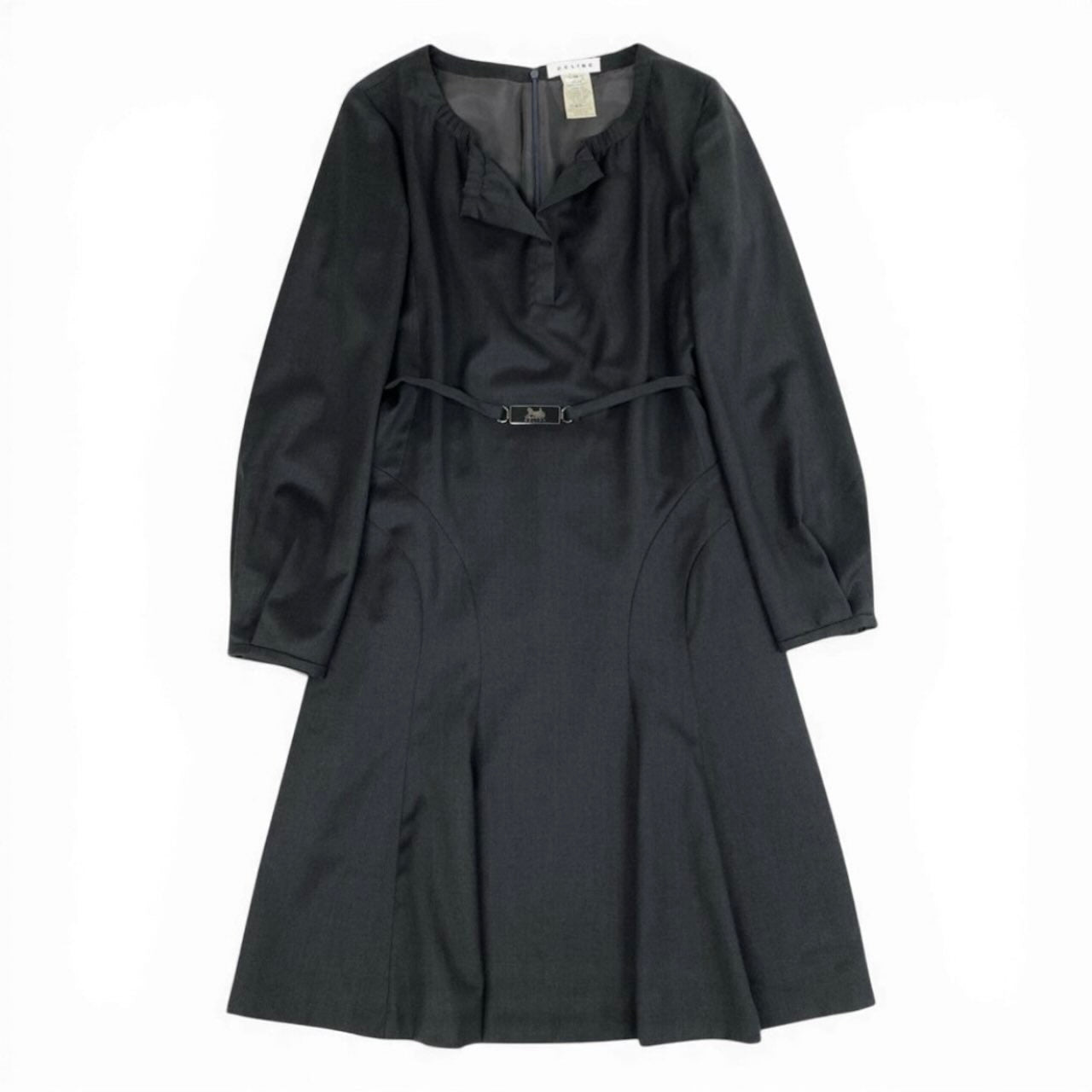 CELINE セリーヌ ヴィンテージ 馬車ベルト付き Aラインワンピース グレー ウール / レーヨン / ポリウレタン ワンピース レディース AB