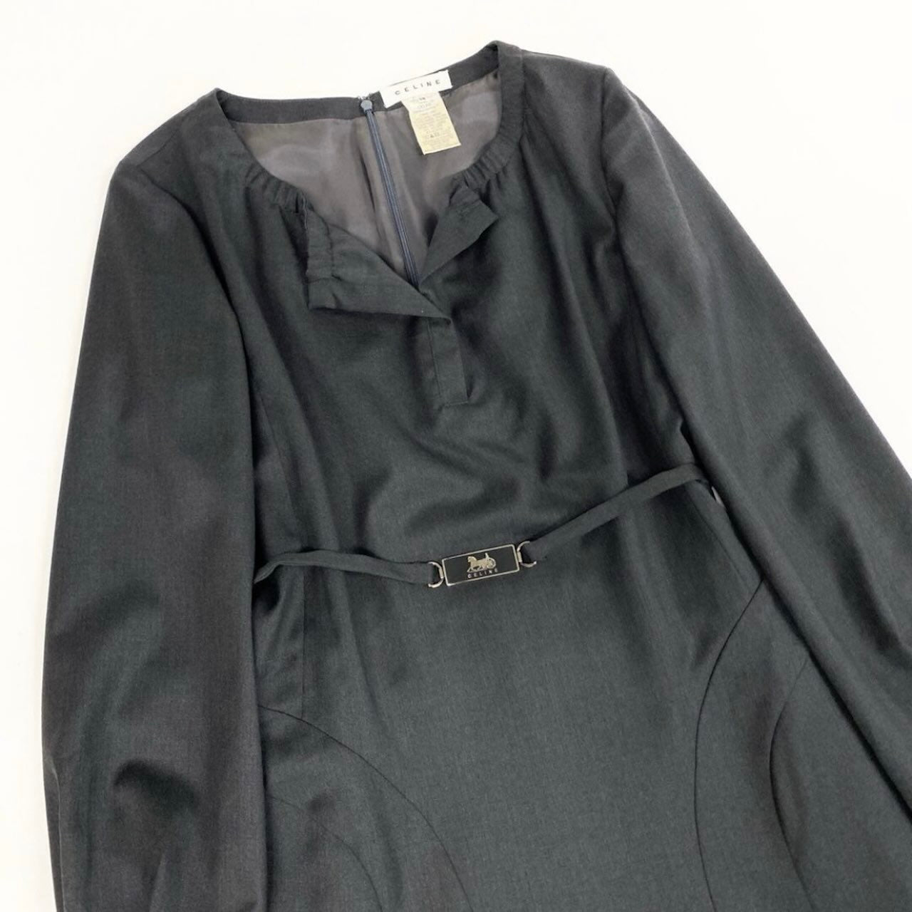 CELINE セリーヌ ヴィンテージ 馬車ベルト付き Aラインワンピース グレー ウール / レーヨン / ポリウレタン ワンピース レディース AB