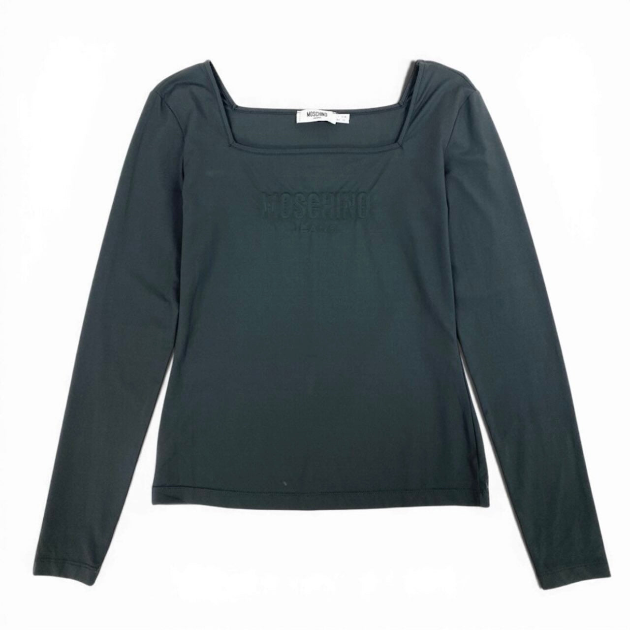 MOSCHINO モスキーノ ストレッチロングスリーブTシャツ スクエアネック エンボスロゴ グレー ポリアミド / ポリウレタン 長袖Ｔシャツ レディース ABP