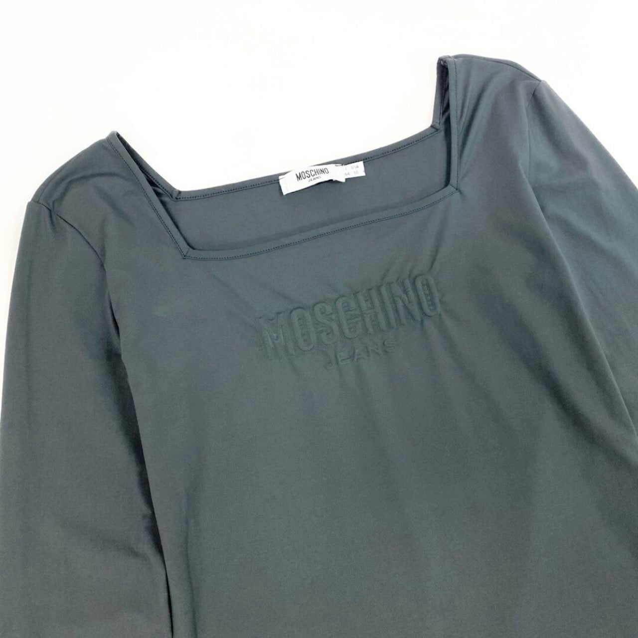 MOSCHINO モスキーノ ストレッチロングスリーブTシャツ スクエアネック エンボスロゴ グレー ポリアミド / ポリウレタン 長袖Ｔシャツ レディース ABP