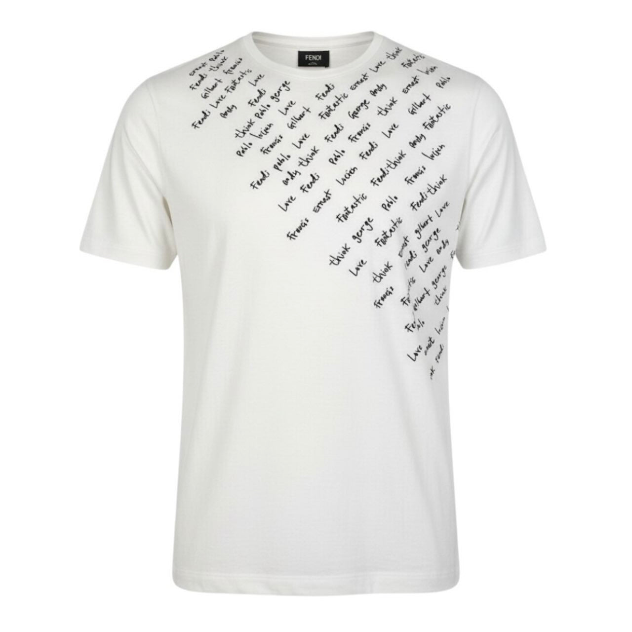 FENDI フェンディ クルーネックTシャツ エンブロイダリーTシャツ 文字刺繍 ホワイト コットン 半袖Ｔシャツ メンズ B