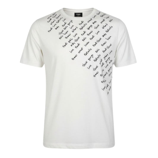 FENDI フェンディ クルーネックTシャツ エンブロイダリーTシャツ 文字刺繍 ホワイト コットン 半袖Ｔシャツ メンズ B