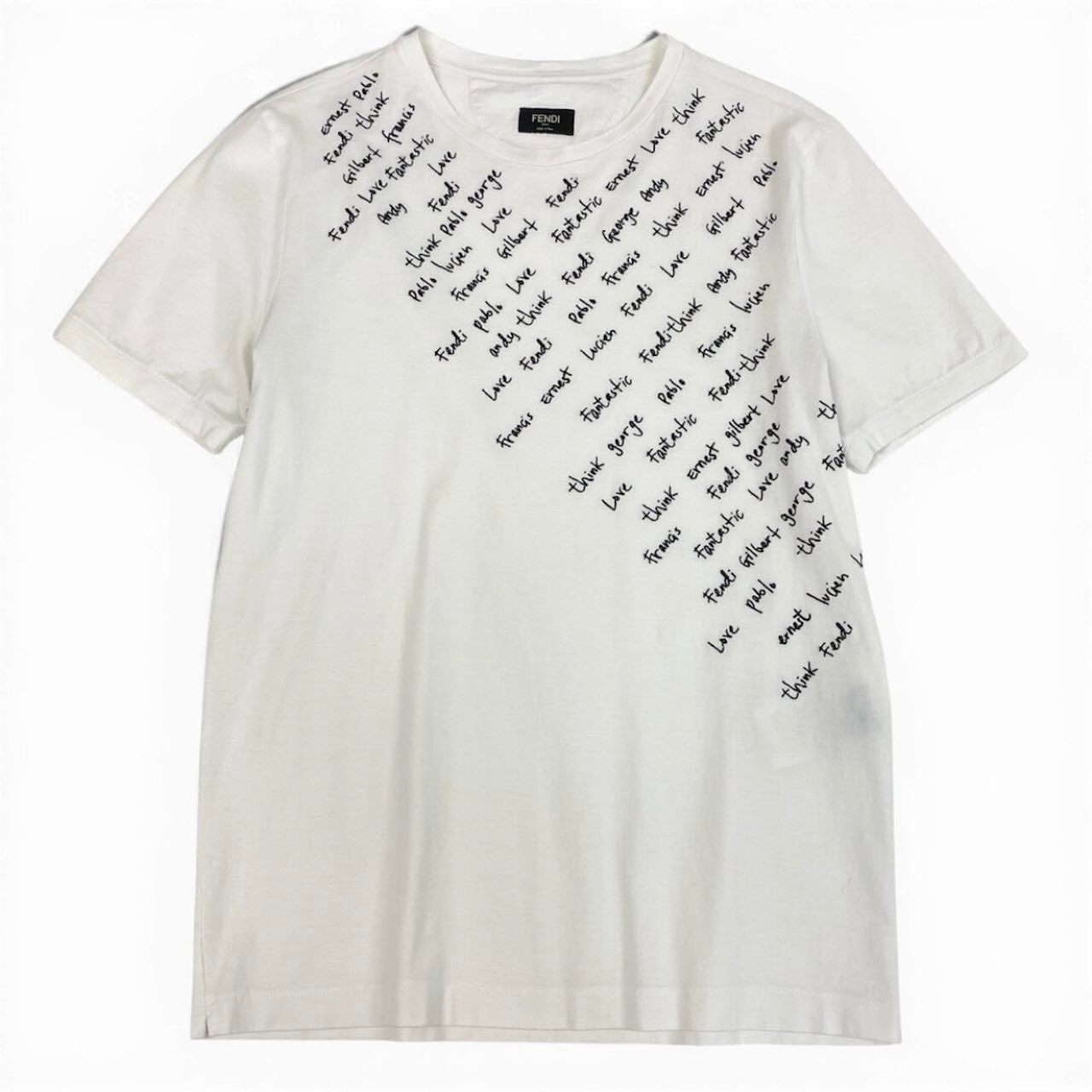 FENDI フェンディ クルーネックTシャツ エンブロイダリーTシャツ 文字刺繍 ホワイト コットン 半袖Ｔシャツ メンズ B